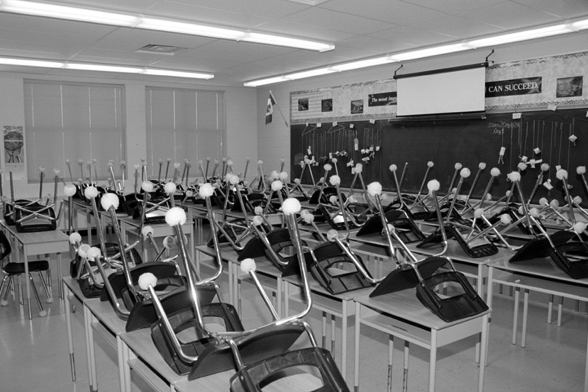 Photos of rows of school desks in a classroom.